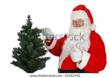 Santa Claus holds a small christmas tree and makes various hand gestures isolated on white