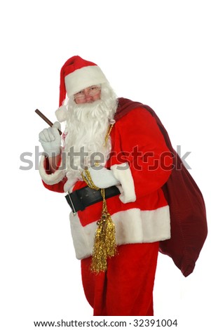 Santa with a cigar portrait isolated on white with room for your text