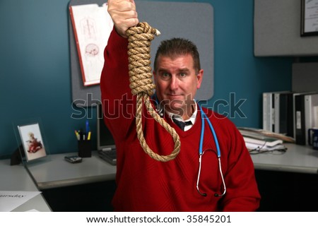 a doctor holds a hang mans noose representing your choices with the new Health Care Reform Bill
