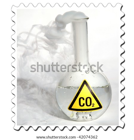 Frozen Carbon Dioxide, aka CO2 aka Dry Ice reacts violently when mixed with water, releasing CO2 into the enviroment stamp