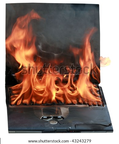 laptop computer on fire, represents computer damage, loss of data, emergency and more, isolated on white