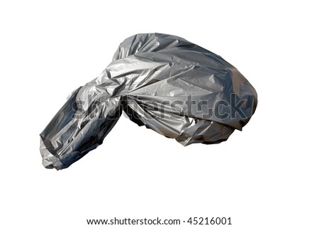 silver plastic bag of trash isolated on white with room for your text