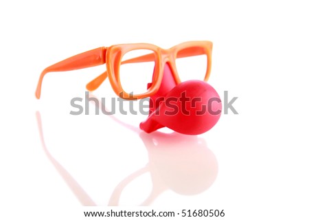 Fun Clown Glasses with red nose on white with reflections