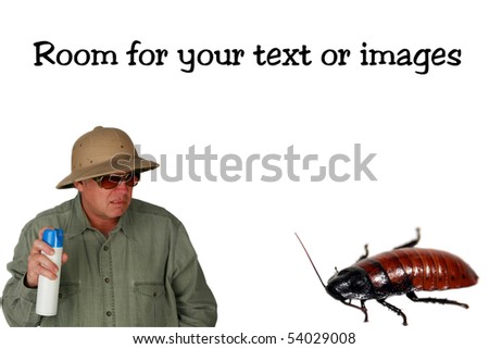 a man in a pith helmet sprays Bug Spray towards a giant cockroach isolated on white with room for your text or images