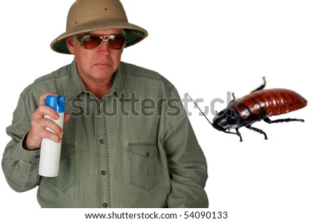 a man in a pith helmet sprays Bug Spray towards a giant cockroach with 