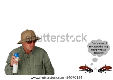 Funny image of two cockroaches talking while a man sprays them with bug spray isolated on white