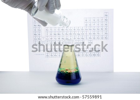 a chemist or research scientist adds chemicals to a erlenmeyer flask with a pipette for a violent chemical reaction