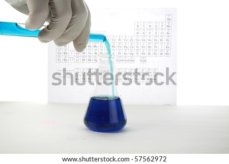 a chemist or medical research scientist adds chemicals to a erlenmeyer flask  for a violent chemical reaction
