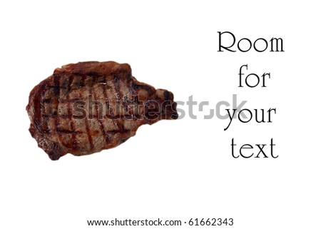 sizzling hot fresh grilled boneless rib eye steak isolated on white with barbecue grill marks in the meat