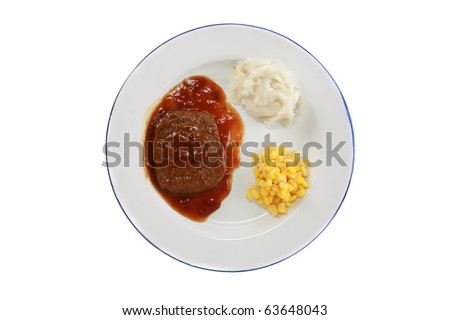 a delicious and nutricous  classic salisbury steak tv dinner with mashed potatoes and corn in its black plastic tray, isolated on white