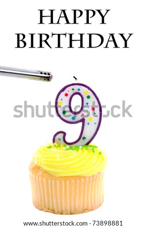 a generic yellow frosted cupcake with a birthday candle isolated on white with room for your text