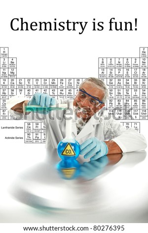 Humor, Chemistry, Science, Medical, Global Warming - a chemist or scientist  works on a cure to end GLOBAL WARMING and save mankind from CO2 poisoning,  isolated on white with room for your text. .