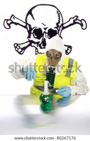 an Anarchist wearing a hazmat suit, gloves and gas mask mixes dangerous chemicals together in a lab in preparation for expected up coming mayhem with room for your text.