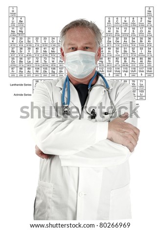 a portrait of a handsom doctor or surgeon or scientist isolated on white with the periodic table of chemical elements in the background. room for your text