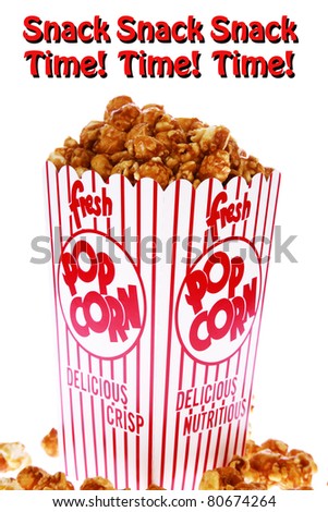 pop corn, caramel corn, snack, hot popcorn - a box of fresh popped Caramel Corn also known as Caramel corn or Caramel Popcorn. isolated on white with room for your text