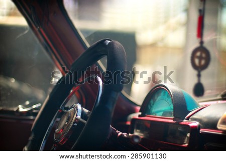 Steering wheel of classic vintage Soviet car Gaz Volga