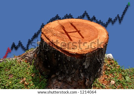 Image of a stock graph, tree stump on the edge of a cliff. Letter H (high) carved in.