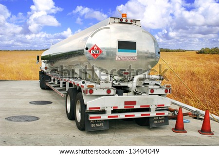 Tanker truck fueling an underground storage tank [isolated, names removed].