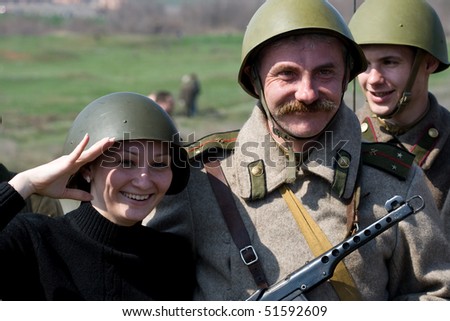ODESSA - APRIL 11: reconstruction of battle for the liberation of Odessa. Soldiers dressed in the form of World War II, competed in the attack on April 11, 2010 in Odessa, Ukraine.