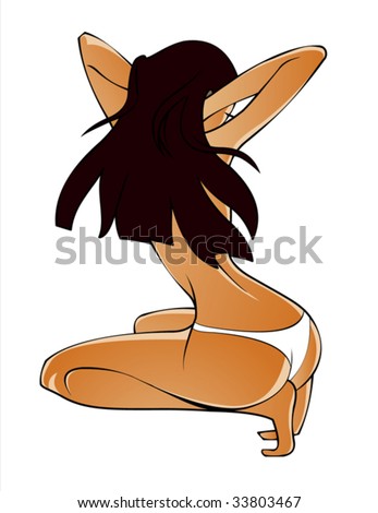 stock vector Brunette girl squatting with her back turned to us