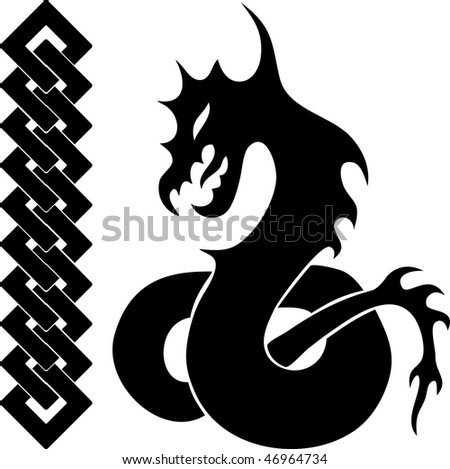stock vector Silhouette of dragon and chain Black Gothic tattoo