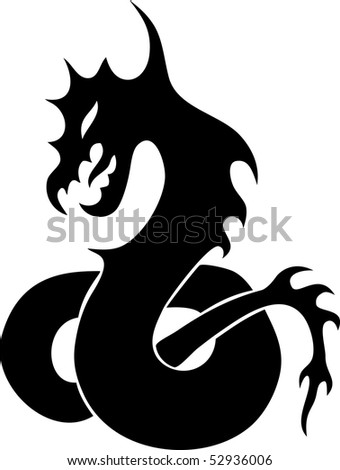 stock photo : Black silhouette of the stylised dragon. Simple tattoo