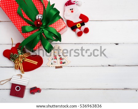 Christmas decoration cute item object with wood background .Top view,flat lay composition .