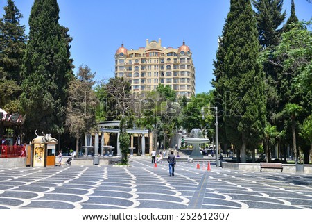 AZERBAIJAN, BAKU, JUNE 16, 2014: Park with fountain the center of Baku, Azerbaijan. Hot summer 16. June day 2014.