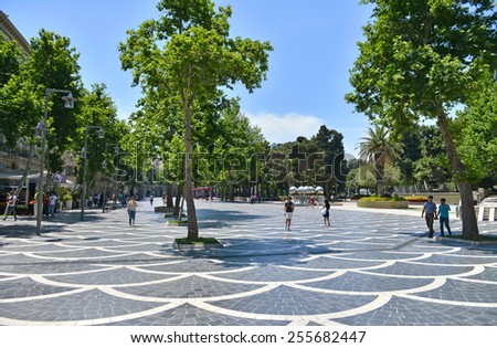 AZERBAIJAN, BAKU - JUNE 16, 2014: Fountain Square the center of Baku, Azerbaijan. Hot summer day 16. June day 2014.