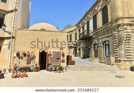 AZERBAIJAN, BAKU, JUNE 16, 2014: Icheri Sheher (Old Town) of Baku, Azerbaijan. Typical tourist shop with souvenirs and antiques.