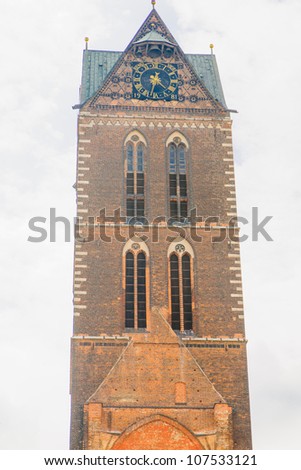 Gothic clock tower in Wismar, Germany, a UNESCO World Heritage Site,