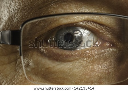 man;s single hazel eye in glasses