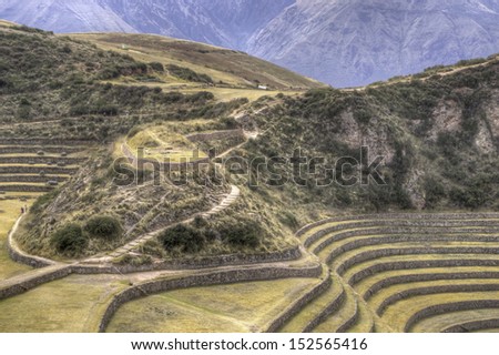 Ancient Inca terraces and circles used as agriculture laboratory at Moray, Peru.