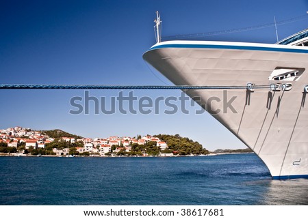 Cruise ship\'s bow with Dubrovnik in background