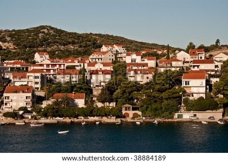 Red roof houses on a lush green hillside beside a deep blue Mediterranean sea, Dubrovnik, Croatia