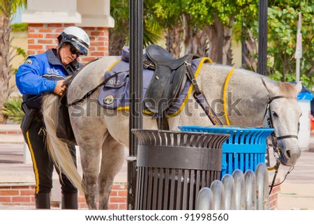 KEY WEST, FLORIDA - DEC 1: Policeman cares for his horse in Key West on December 1, 2011. Key West's Police Department is a full-service agency servicing over 25,000 residents and 6 square miles.