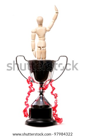 artist mannequin celebrating winning in a trophy studio cutout