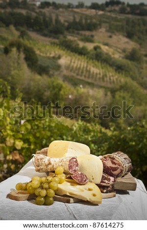 antipasto platter overlooking Italian landscape