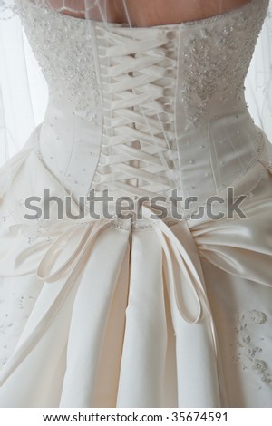 Close-up image of the detailed laces on the back of a wedding dress