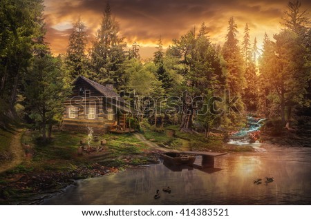 Forester\'s Cabin by the river in the forest (illustration of a fictional situation, in the form collage of photos)