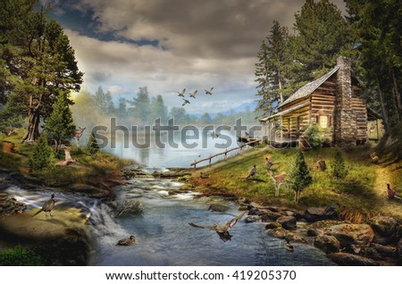 house in the the forest by the creek (illustration of a fictional situation, in the form collage of photos)