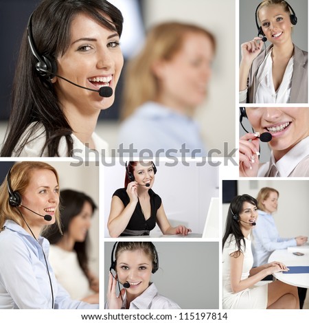 Compilation of beautiful young woman wearing telephone headsets in a busy office