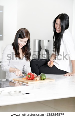 Two attractive friends preparing food in their kitchen at home.