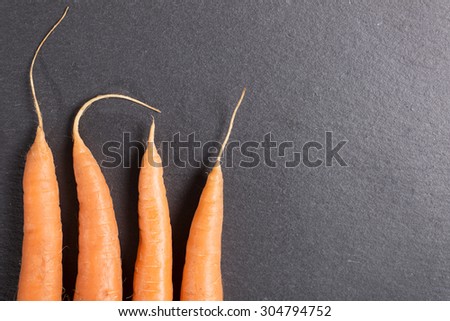 Fresh raw carrots on black slate with complete stems