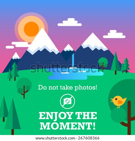 Beautiful landscape in a flat style: the mountains, the clouds, the sun at sunset, trees, waterfall. The bird sits on a branch. Also motivating text. Fully editable vector illustration.