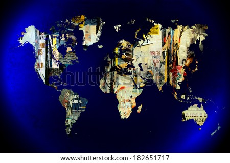 world map on old torn posters