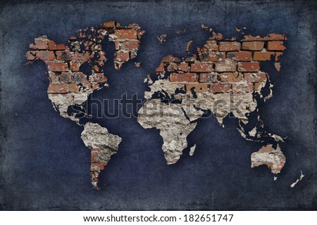 map of the world like a brick wall, grunge background