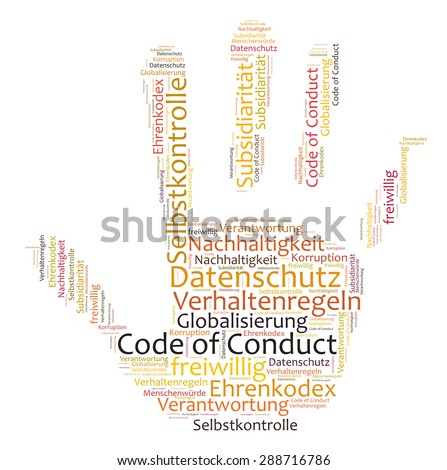 Code of conduct word cloud shaped as a hand