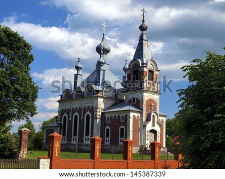 picturesque Orthodox Church of the Assumption of the Blessed Virgin Mary in Slawatycze in the eastern Polish near the river Bug