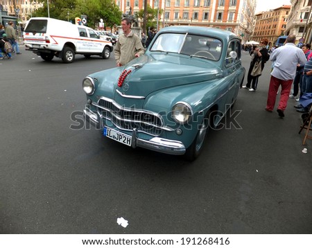 ROME, VATICAN - April 27, 2014: Over a 60 year old car FSO Warszawa M-20, which was owned by Cardinal Karol Wojty?a, later Pope John Paul II, during the canonization in Rome on 27 April 2014.
